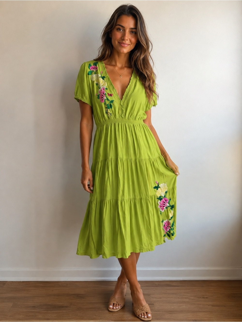 Johnny Was JWLA Embroidered Green Tiered Dress